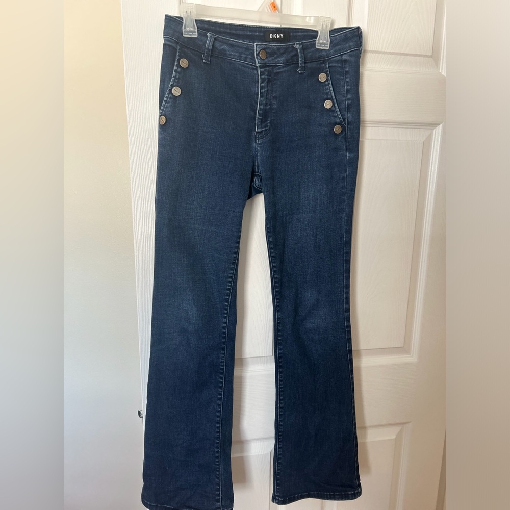 DKNY Dark Wash Button-Detail Bootcut Jeans.